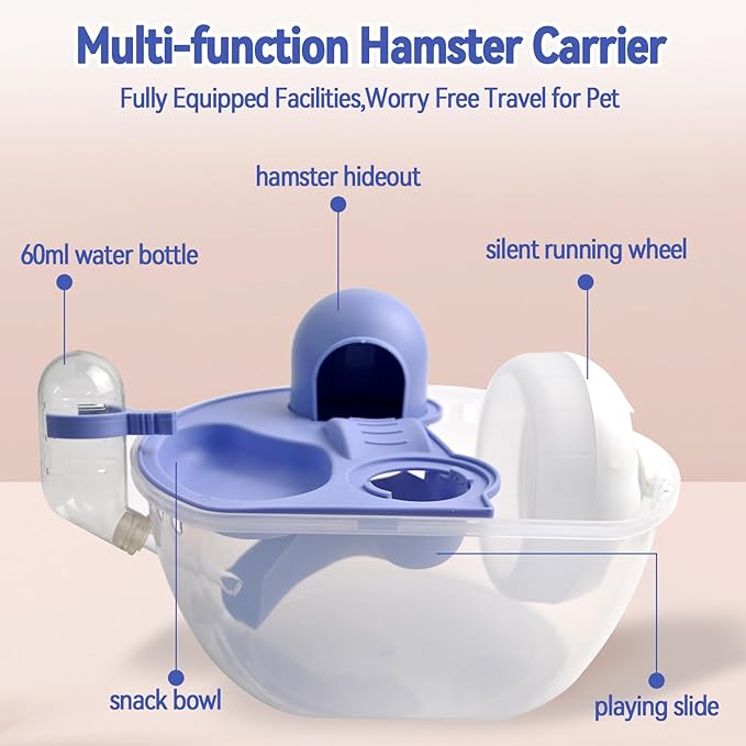 Hamster Carrier with Water Bottle,Portable Hamster Travel Cage,Breathable Rat Travel Carrier with Exercise Wheel Food Plate Acrylic Small Animal Carrying Case for Little Rats Mice (Blue)