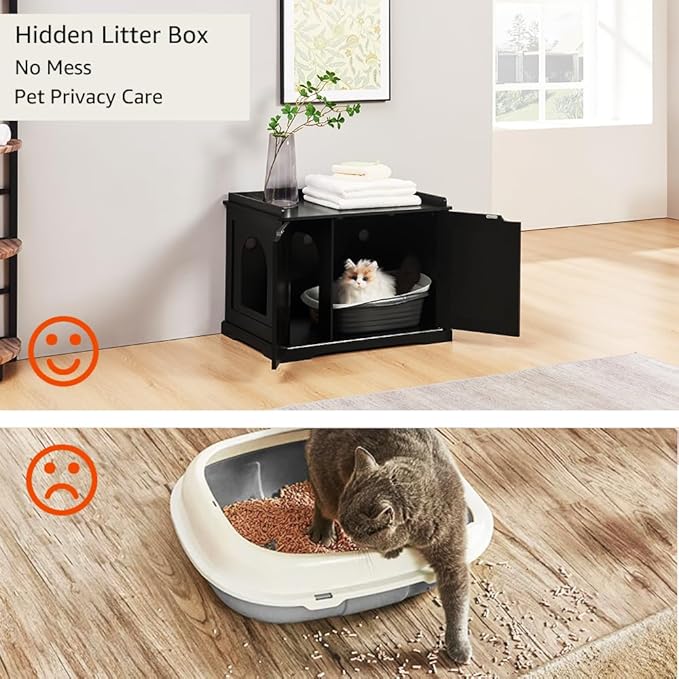 unipaws Black Cat Litter Box Enclosure Furniture, Kitty Hidden Cover, Concealed Dog Proof Litter Boxes Cabinet, Hideaway Litter Box, Cat House