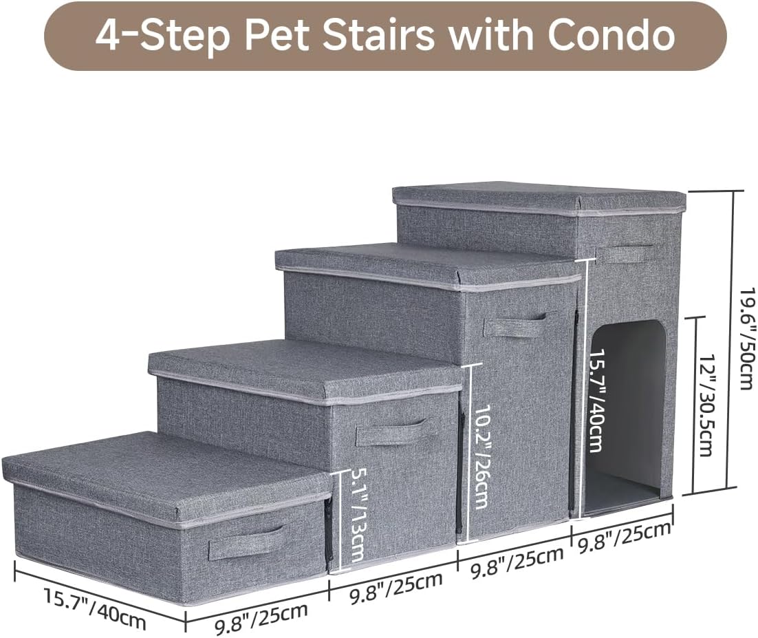 Dog Stairs with Storage, Folding Pet Steps with Zip for Small Dogs and Cats, 4-Step Pet Stairs with Pet House for High Bed, Couch and Car Ramp (Gray, 4 Steps with Condo)