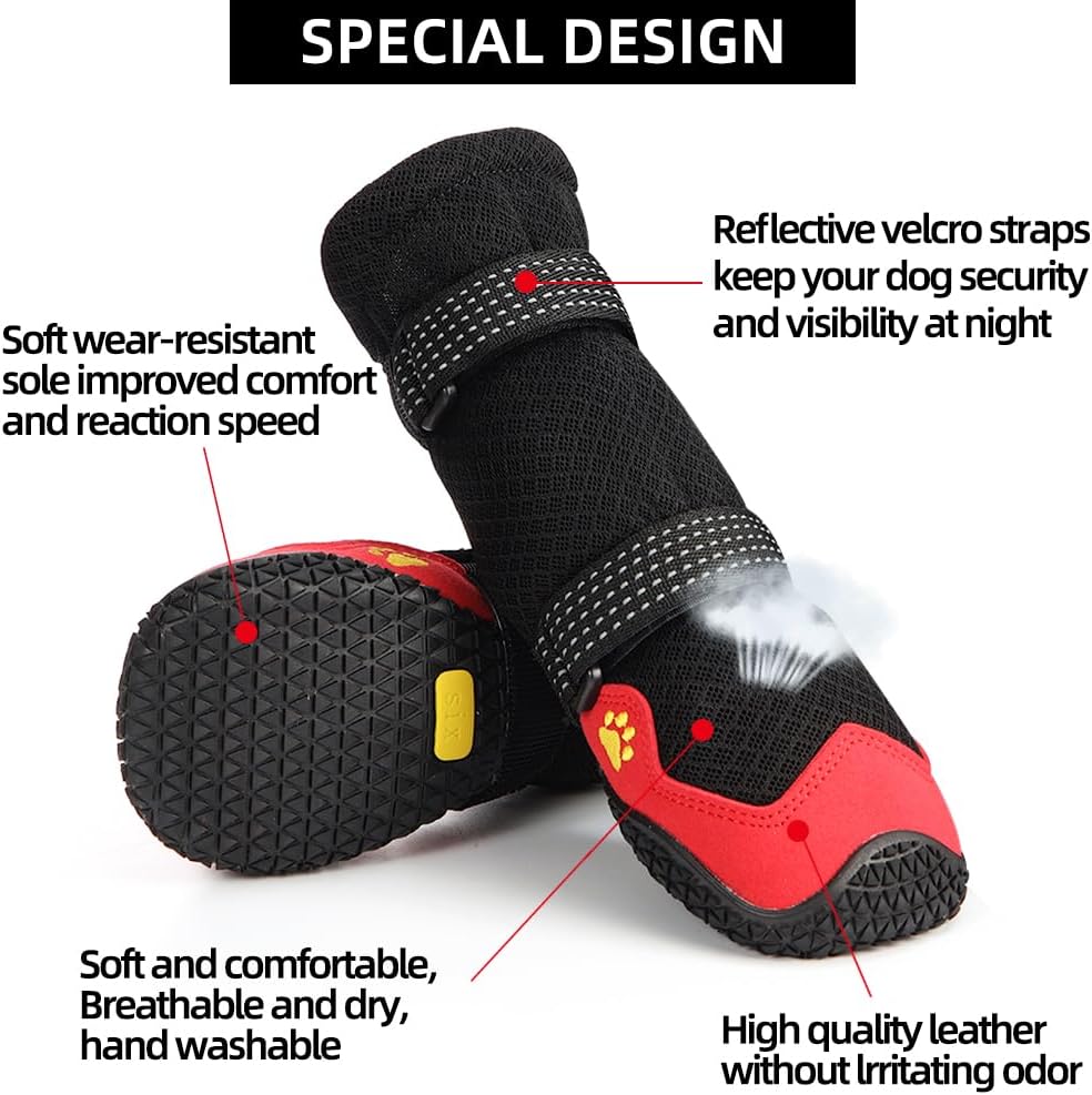 Dog Shoes for Hot Pavement Anti-Slip Dog Boots Waterproof Dog Shoes for Small to Large Dogs with Reflective Straps Pet Dog Boots for Hiking.4Pcs Soft Breathable Paw Protectors for Dogs