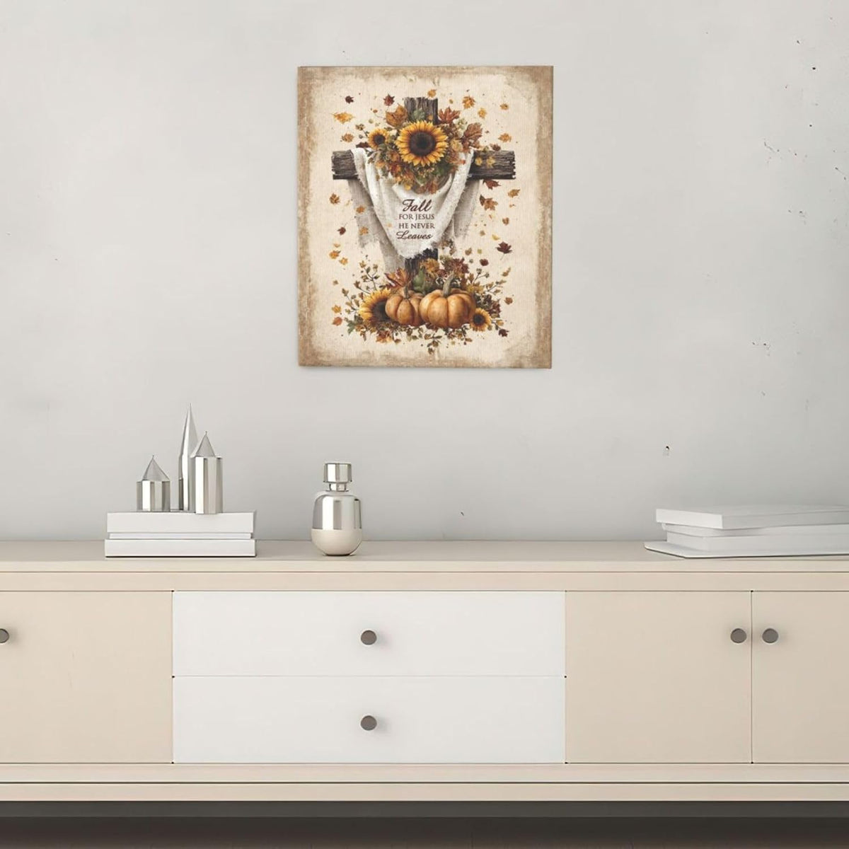 Christian Fall Wall Art Autumn Rustic Cross Sunflower Pumpkin Wall Decor Fall for Jesus He Never Leaves Pictures Painting Print Framed Artwork Decorations Gifts for Living Room Bedroom Prayer Room Office 20"x24"