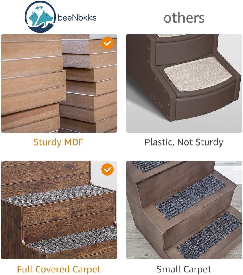 beeNbkks Dog Stairs Furniture, Extra Wide Wooden Pet Steps for Medium Large Dogs and Cats, Non-Slip Pet Ladder for Elderly Injured Pets Short Legged Puppy to Reach Couch Sofa High Bed Windowsill