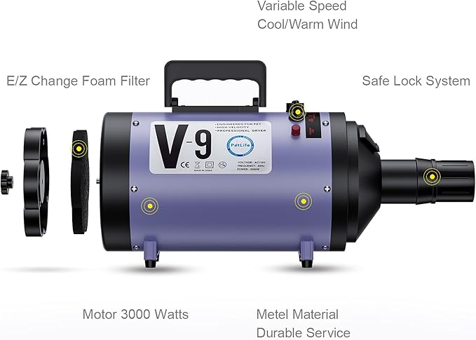 Professional Dog Grooming Dryer with Heater, 5.2HP High-Power Dog Blower, Variable Speed Adjustable, Low Noise Pet Hair Dryer for All Breeds(Purple)