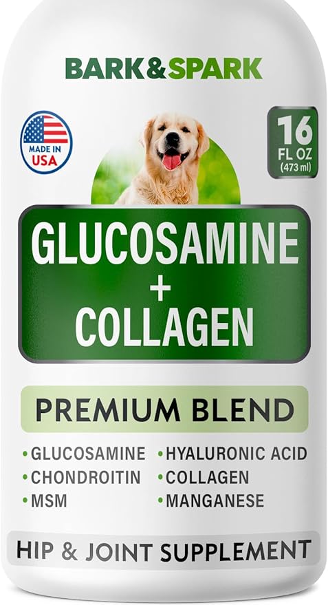 BARK&SPARK Liquid Collagen + Glucosamine for Dogs - 16 Fl Oz Easy to Serve Joint Supplement - Advanced Formula with Chondroitin, MSM, Hip & Joint + Skin & Coat Care - Made in USA