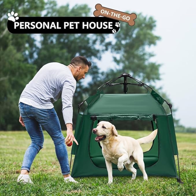 Outdoor Waterproof Pet Automatic Camping Tent, Pop up Cave Bed for Indoor Cats and Small Dogs, Portable Cat House Dog House, Army Green.