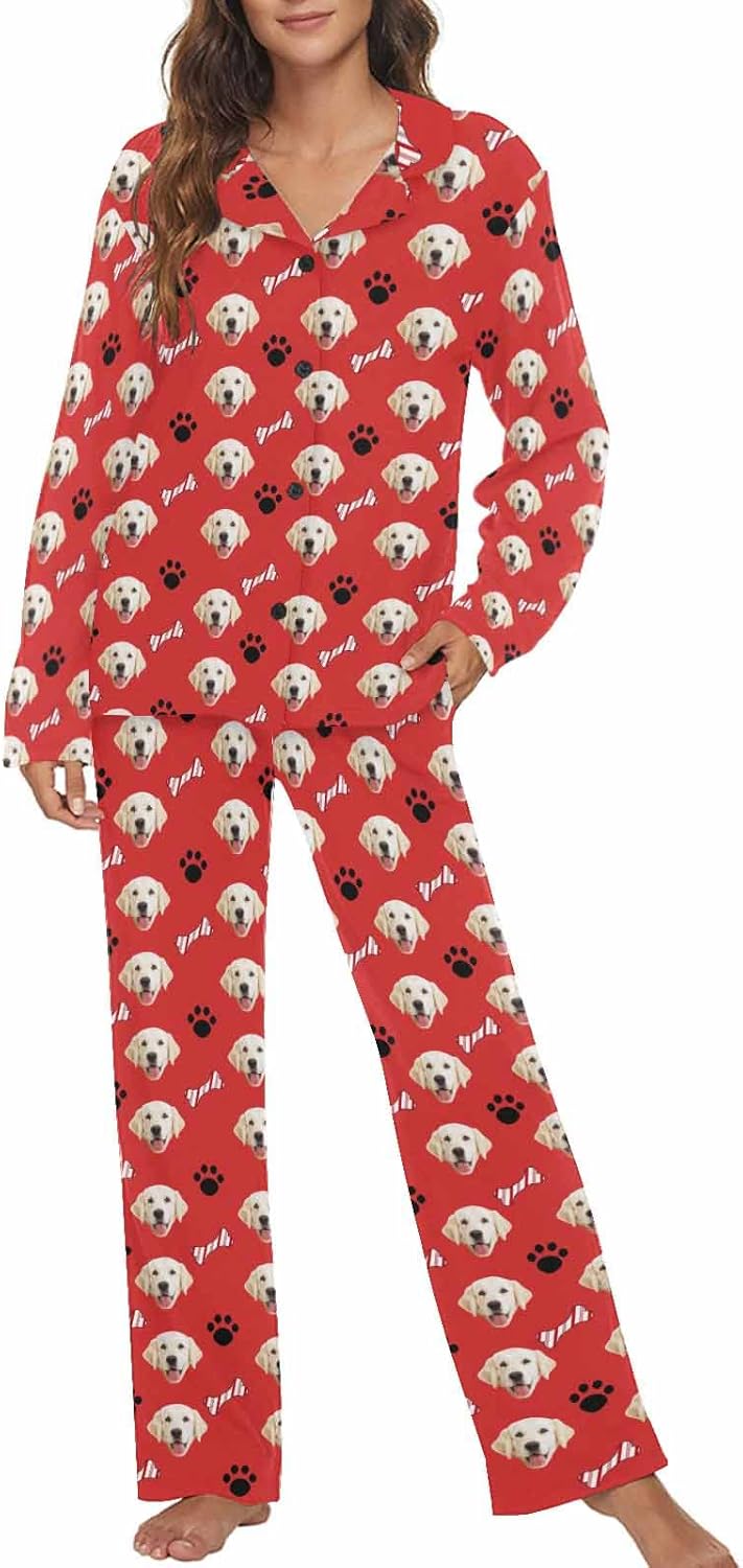 MyPupSocks Custom Face Pajamas for Women Set, Personalized Photo Long Sleepwear XS-XXL
