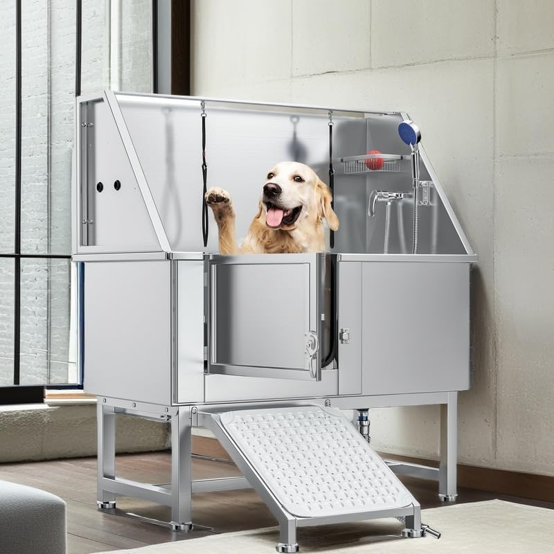 YITAHOME 50in Dog Bathing Station, Professional Stainless Steel 304 Dog Bathtub, Pet Grooming Tub w/Left Ramp, Floor Grate, Faucet, Pet Washing Station for Large, Medium, Small Pets, Indoor, Outdoor