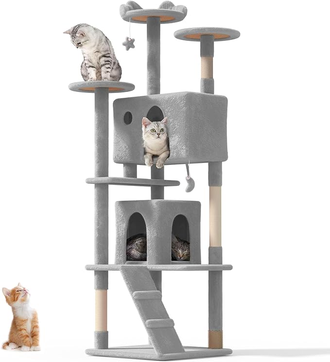 77'' Cat tree Tower for Indoor Cats Large Adult,Cute/Tall Modern Cat Tree for Big Cats 20 lbs,Plush Multi-Level Cat Condo with Scratching Posts,Dangling Ball for fun play(Light Gray, 77 inch)