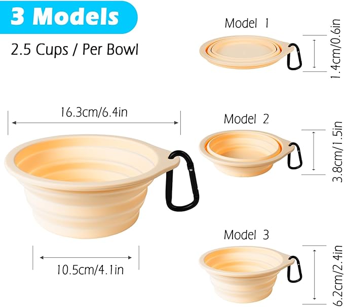 PetBonus 2-Pack Silicone Collapsible Dog Bowls, BPA Free Dishwasher Safe, Portable Foldable Expandable Travel Bowl, Food Water Feeding Cup Dish for Dogs Cats with 2 Carabiners(Light Mint,Beige Cream
