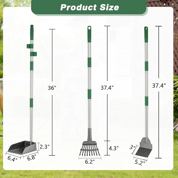 Pooper Scooper, Long Handle Dog Pooper Scooper, Heavy Duty Stainless Steel Rake with Tray & Spade Set for Pet Waste Removal, for Grass, Dirt or Gravel - Green