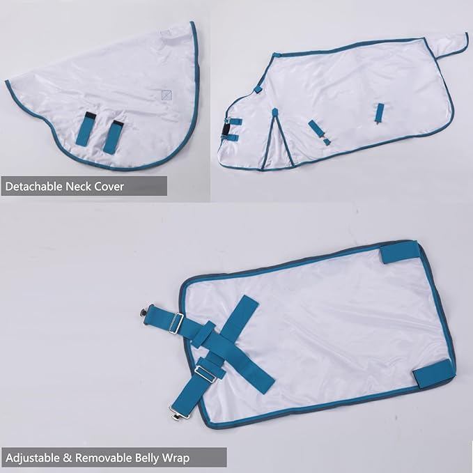 Horse Fly Sheet with Detachable Neck Cover & Belly Wrap, Adjustable Fly Sheet for Horses, Ventilated Airflow Mesh Equine Cooling Summer Flysheet White 69