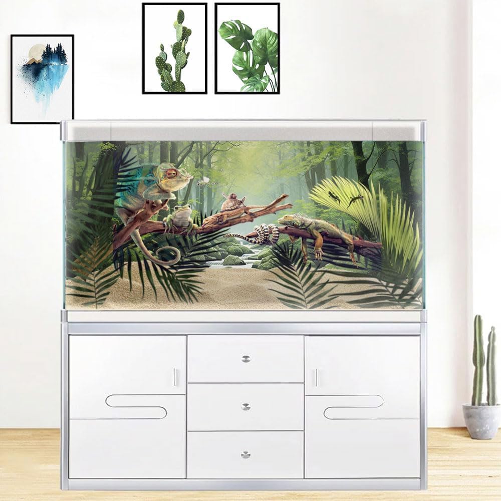 72X24IN Tropical Forest Terrarium Background, Natural Green Forest Tree Reptile Habitat Background, Misty Rainforest Aquarium Background, with 8 EVA Double-Sided Tape