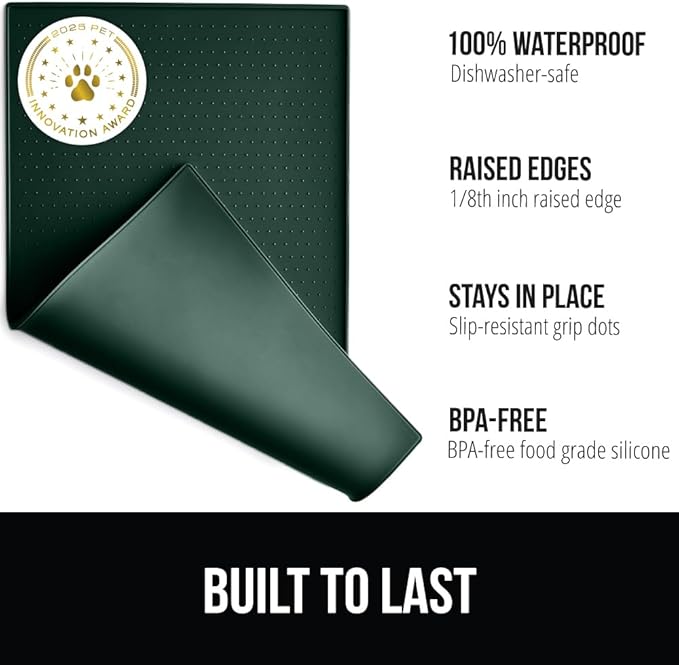 GORILLA GRIP 100% Waterproof Raised Edge BPA Free Silicone Pet Feeding Mat, Dog Cat Food Mats Contain Spills Protects Floors, Placemats for Cats and Dogs Water Bowl, Pets Accessories 18.5x11.5 Green