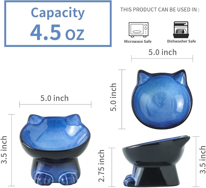 Nihow Slanted Elevated Cat Bowls: 5 Inch Ceramic Raised Cat Food Bowl for Protecting Pet's Spine - Microwave & Dishwasher Safe -Elegant Blue & Black (4.5 OZ /1 PC)