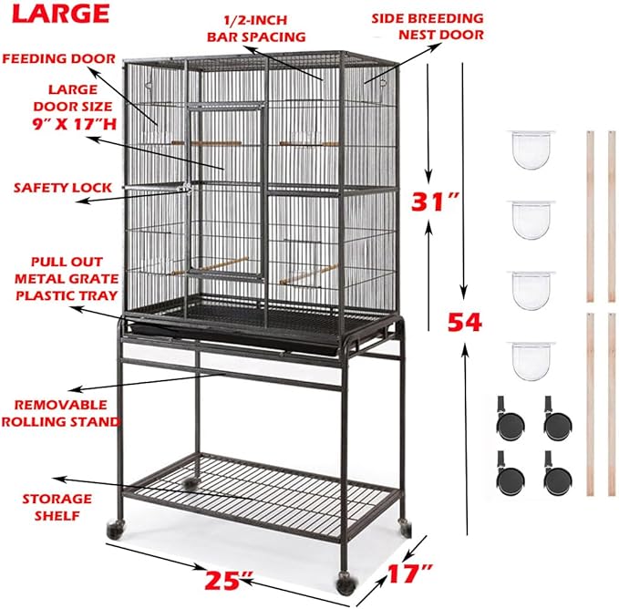 54" Large Wrought Iron Breeding Flight Canary Parakeet Cockatiel Lovebird Finch Cage Side Nesting Box Doors with Removable Rolling Stand
