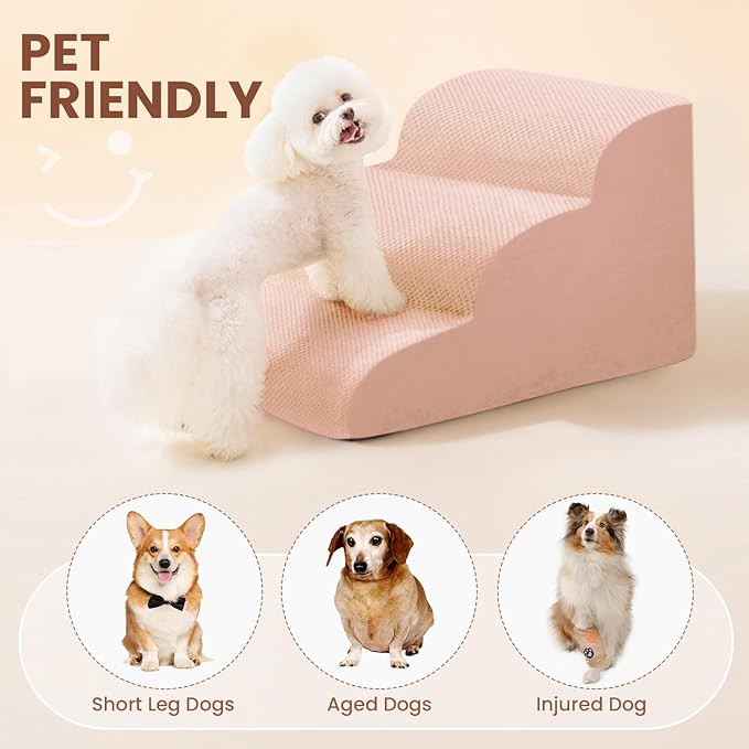 Dog Stairs for Small Dogs, 3 Tiers High Density Foam Dog Ramp, Extra Wide Non-Slip Pet Steps for High Beds Or Couch, Soft Foam Doggie Ladder for Dogs Injured, Older Pets, Small Cats