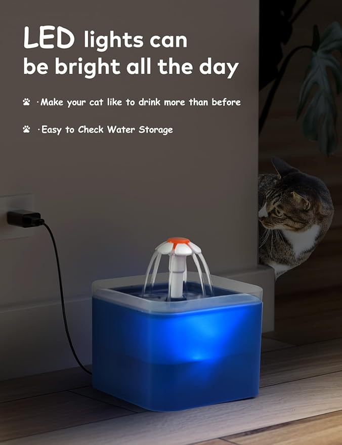 Cat Water Fountain Blue Flower: Cat Fountain Cute - 67oz/2L Small Pet Water Fountain - for Kitten&Kitty& Small Dogs