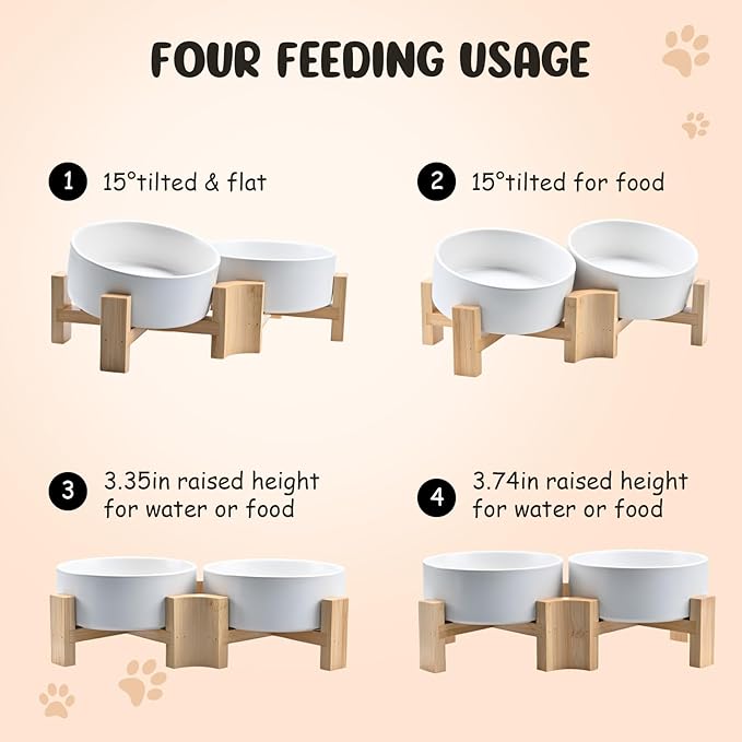 SPUNKYJUNKY 15° Slanted Ceramic Dog and Cat Bowl with Wooden Stand, Tilted Bulldog Food and Water Bowl No Slip Non-Spill for Cats Medium Dogs Big Face Pets 13.5 OZ (1.7 Cups, White × 2)