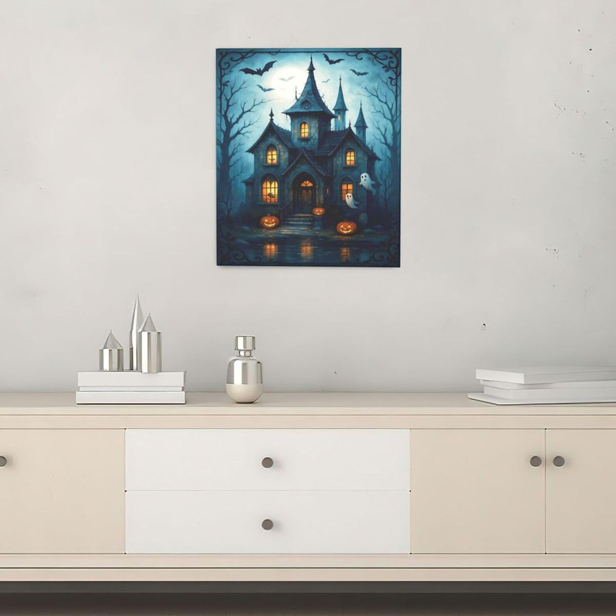 Halloween Gothic Wall Art Castle Pumpkin Ghost Bat Canvas Wall Decor Dark Academia Pictures Painting Print Framed Artwork Decorations Gifts for Halloween Living Room Bedroom Office 20"x24"