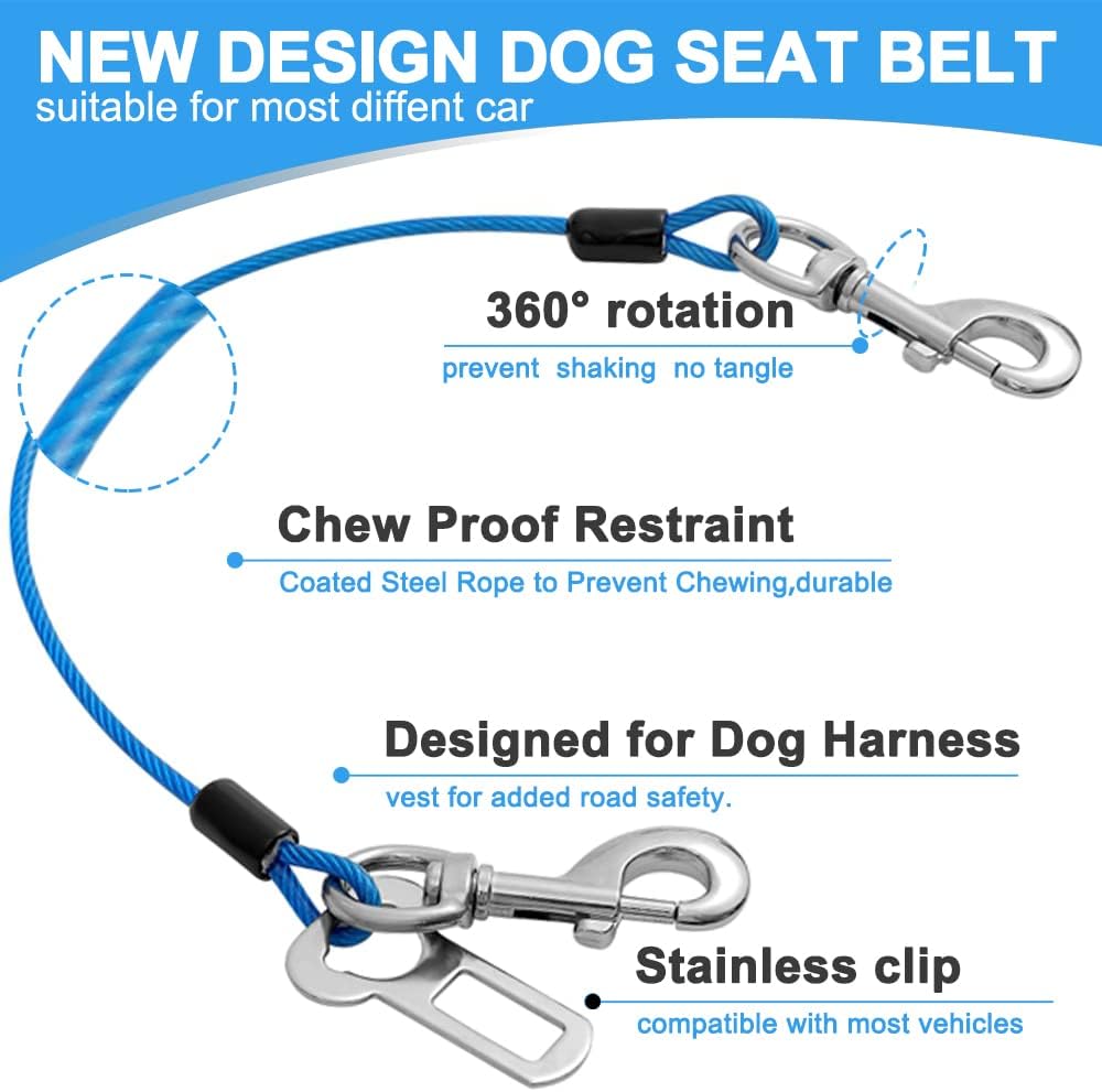 Dog Seat Belt Harness for Car,2pcs Dog Seatbelt of Coated Wire Leash Safety Restraint,No Chew Tether Cable Vehicle Dog Accessories,Double Clips & Latch (2 Pack Red+Blue, 16 inch/40 CM)