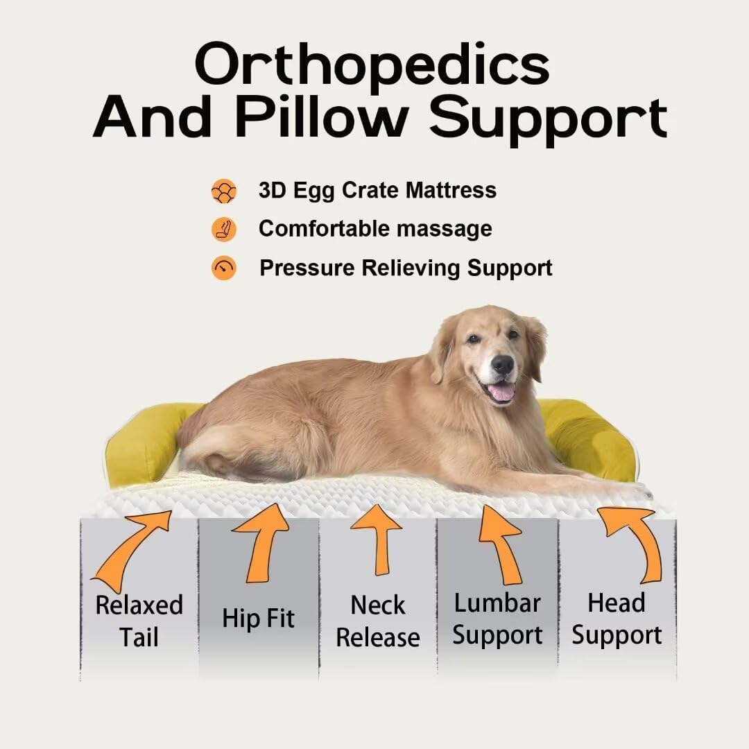 Large Dog Bed Orthopedic Washable - Waterproof with Removable Cover - Memory Foam - Beds Bolster Pet - Couch Sofa - XXXL Large Big Jumbo Dogs - Ginger Yellow Giant Dog Bed