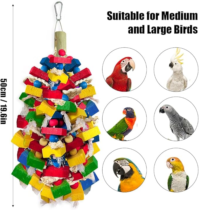 Parrot Toys for Large Birds, Multicolored Wooden Blocks Bird Chewing Toy Parrot Cage Bite Toy for Macaws Cokatoos African Grey and Large Medium Parrot Birds (Block)