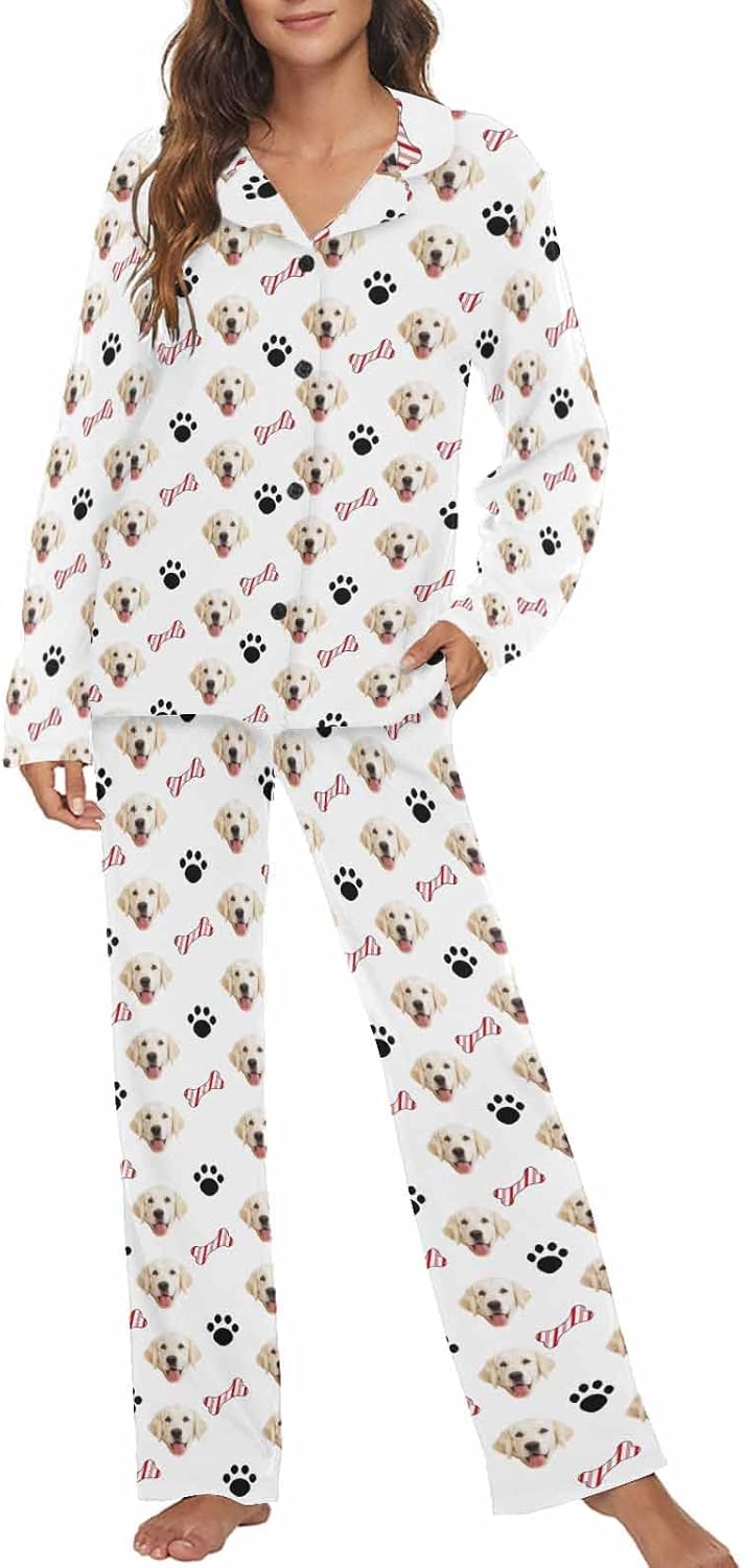 MyPupSocks Custom Face Pajamas for Women Set, Personalized Photo Long Sleepwear XS-XXL