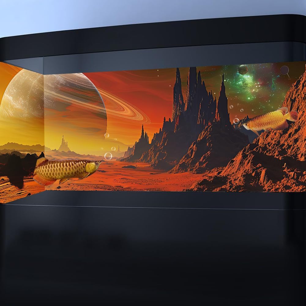 Cosmic Mars Aquarium Background,Galaxy Cool Parallel Space Themed Fish Tank Background, Tropical Desert Terrarium Background 36X18IN with 8 EVA Double-Sided Tape