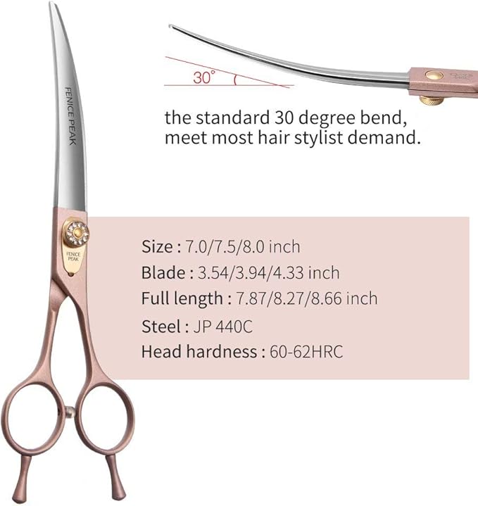 Fenice Peak Professional Curved Dog Grooming Scissors 7'' Rose Gold 440C Stainless Steel Pet Cutting Shears Safety Trimming Shearing for Dogs Cats