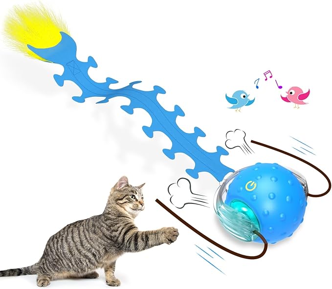 Interactive Cat Toys Ball for Indoor Cats Fast Rolling on Carpet, Chirping & Motion Activate Cat Toys (Blue Centipede)