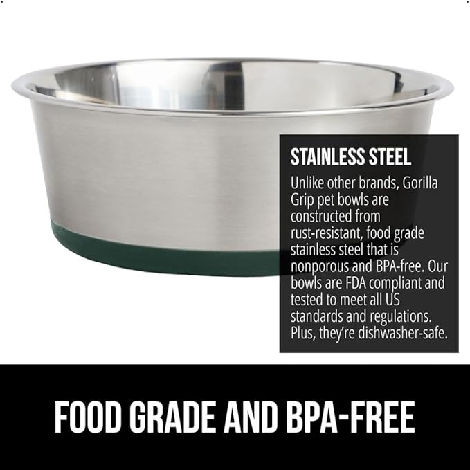 GORILLA GRIP Set of 2 Dog Bowls, Holds 4 Cups (32 fl oz), Heavy Duty Metal Food and Water Bowl for Feeding Dogs and Cats, Dishwasher Safe, Rust Resistant Stainless Steel, BPA Free Rubber Base, Green