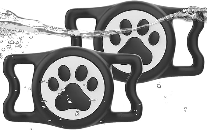 IP68 Waterpoof Dog Airtag Holder, Stretchy Silicone Full Body Covered Apple Air Tag Holder for Dog Cat Collar Fit All Width Collar (2* Black, 2 Pack)