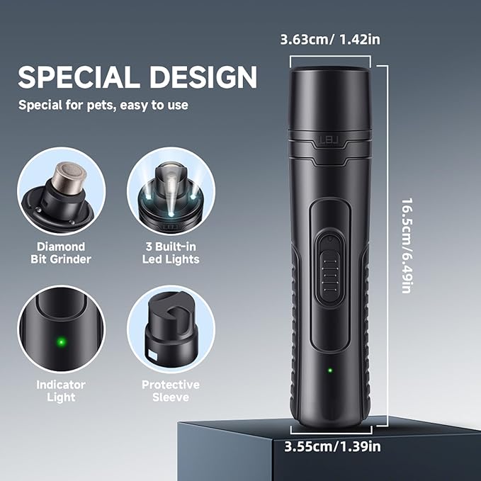 Dog Nail Grinder Quiet 2-Speed Pet Nail Grinder with 3 Led Lights and 3 Ports Rechargeable Electric Dog Nail Trimmer for Large and Small Dogs/Cats and Small Animals Safe (Black)