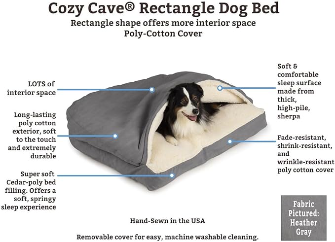 Snoozer Rectangle Cozy Cave Dog Bed - Indoor Dog Bed with Cover Cave, Covered Calming Burrow for Medium & Large Sized Pets with Blanket Attached, Enclosed, Washable - Large, Heather Gray