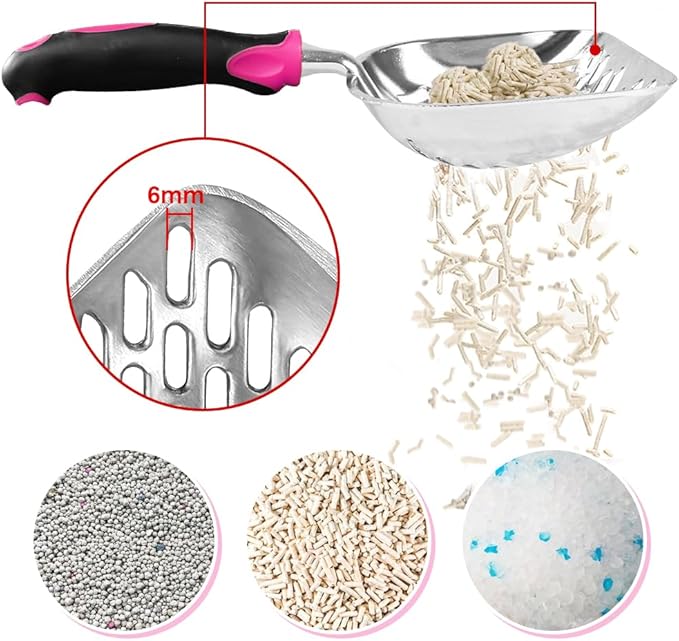 Cat Litter Scoop-Metal Cat Scooper-Long Handle Scoop,Cat Scooper-Poop Sifting-Mesh Shovel-Suitable for Cat Litter Box, (Rose Red)