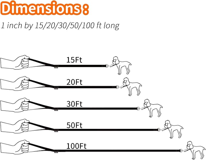 HIKISS Long Dog Leash Obedience Recall Training Agility Lead with Thickening Material for Large Dog - 15ft 20ft 30ft 50ft 100ft Training Leash(Orange 15ft)