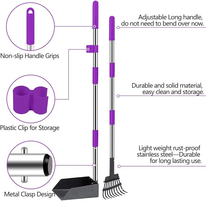 QiMH Upgraded Dog Pooper Scooper Extra Large, Adjustable Long Handle Stainless Metal Pet Poop Tray and Rake Set for Large Medium Small Dogs, Dog Waste Removal Bin Rake, Great for Grass, Street, Gravel