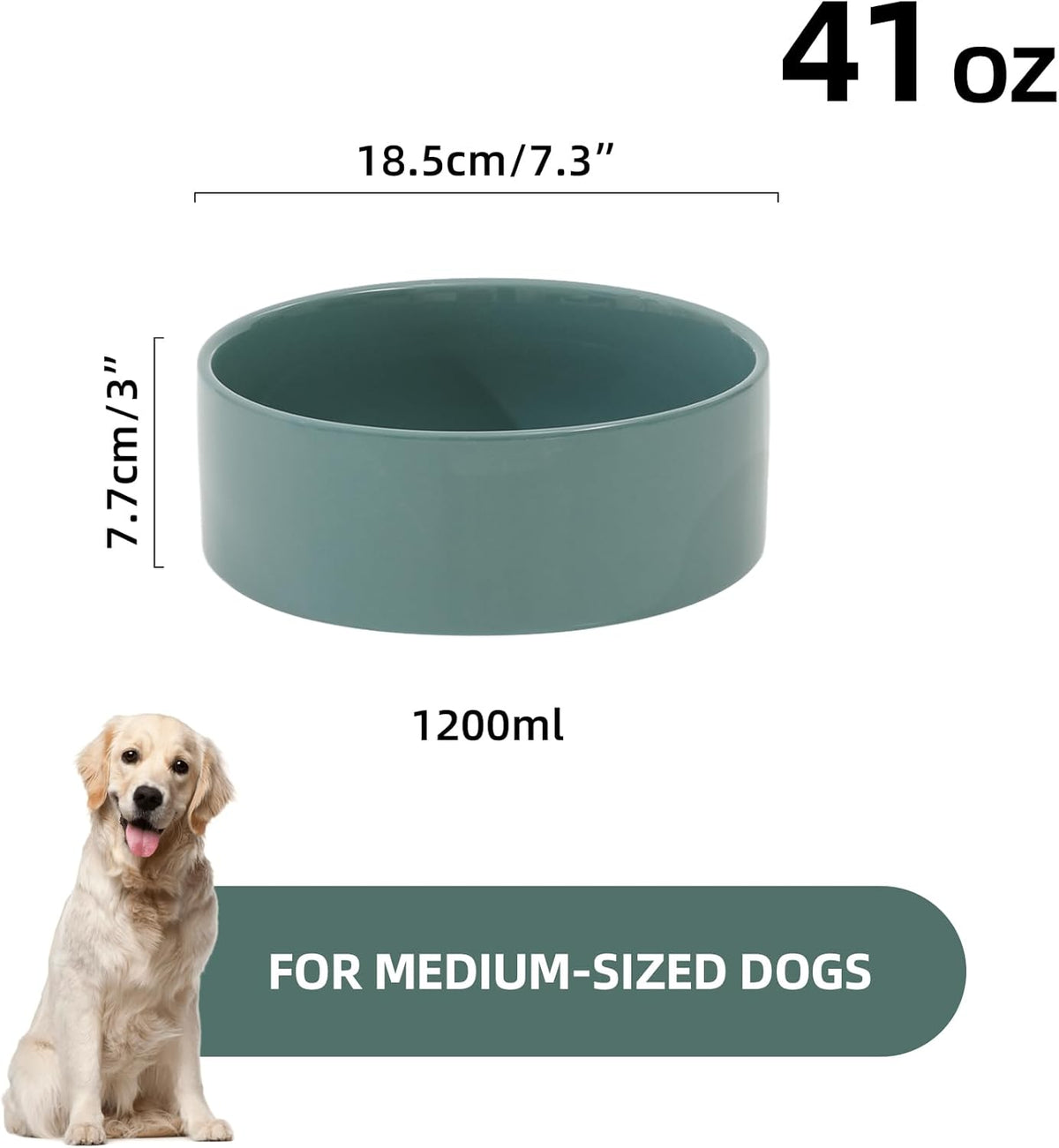 Ceramic 7.3inch Dog Bowl, Food and Water Bowl for Medium Breed Dog, Pet Feeder for Replacement (Single Bowl, Dark Green)