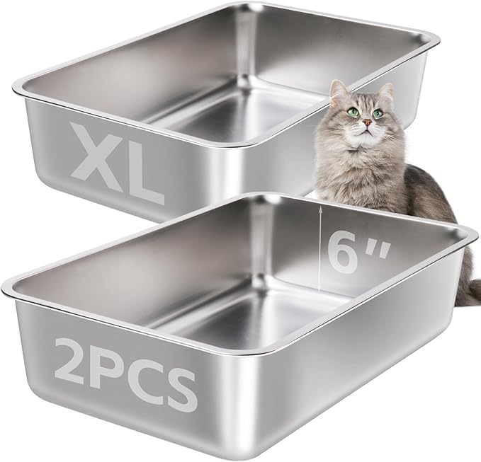 Stainless Steel Litter Box 2 Pack-XLarge Metal Litter Box-High Sided Cat LitterBox for Adult Big Cats, Stainless Steel Cat LitterBoxe 6IN Deep- Easy to Clean,Non Stick, No Smell