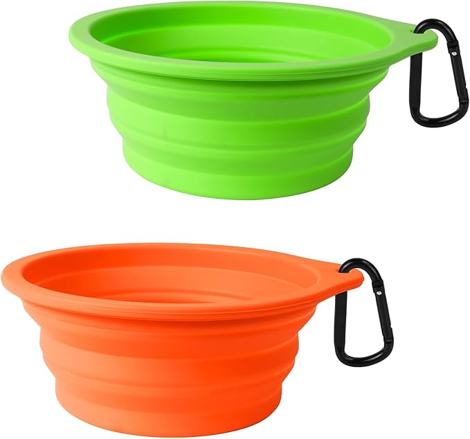 PetBonus 2-Pack Silicone Collapsible Dog Bowls, BPA Free Dishwasher Safe, Portable Foldable Expandable Travel Bowl, Food Water Feeding Cup Dish for Dogs Cats with 2 Carabiners (Green, Orange)