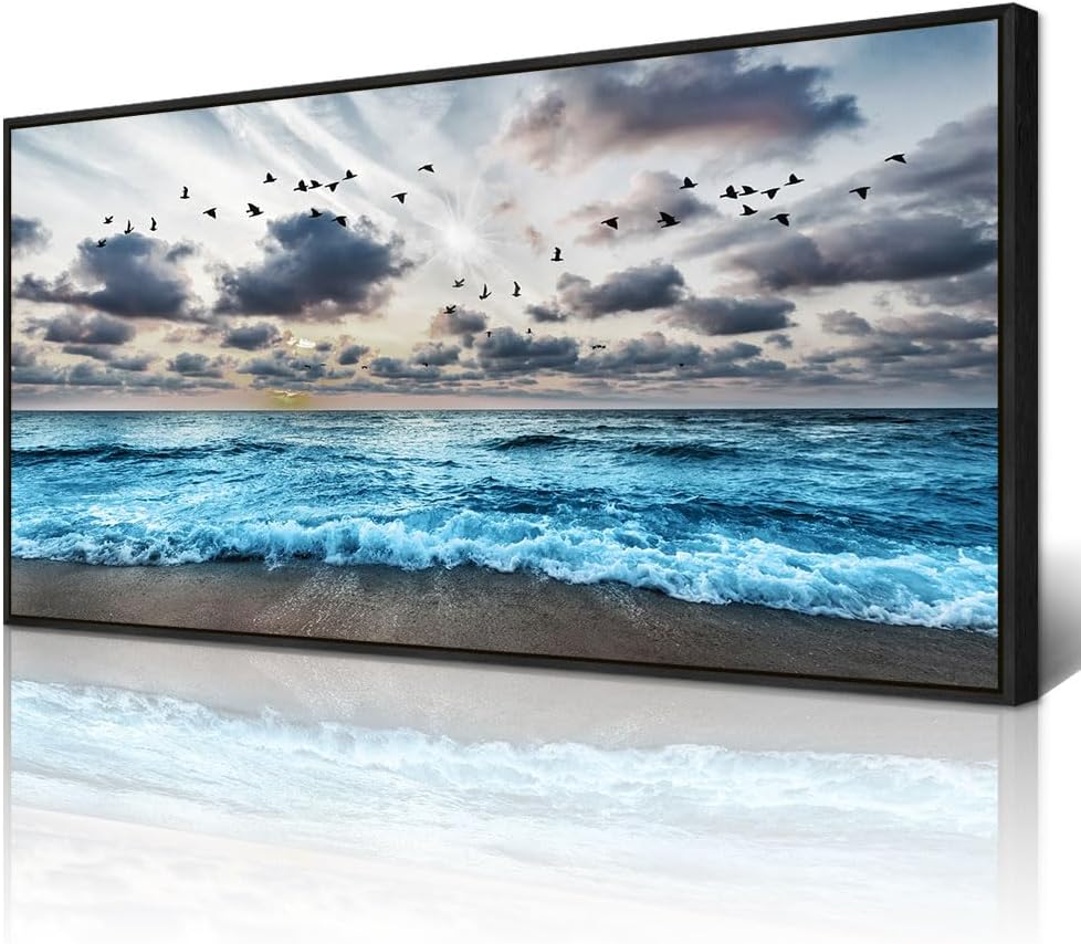 Wapluam Black Framed Canvas Wall Art For Living Room Large Wall Decoration For Bedroom Office Wall Decor Black And White Wall Painting Blue Sea Wave Pictures Artwork Modern Hotel Room Home Wall Art