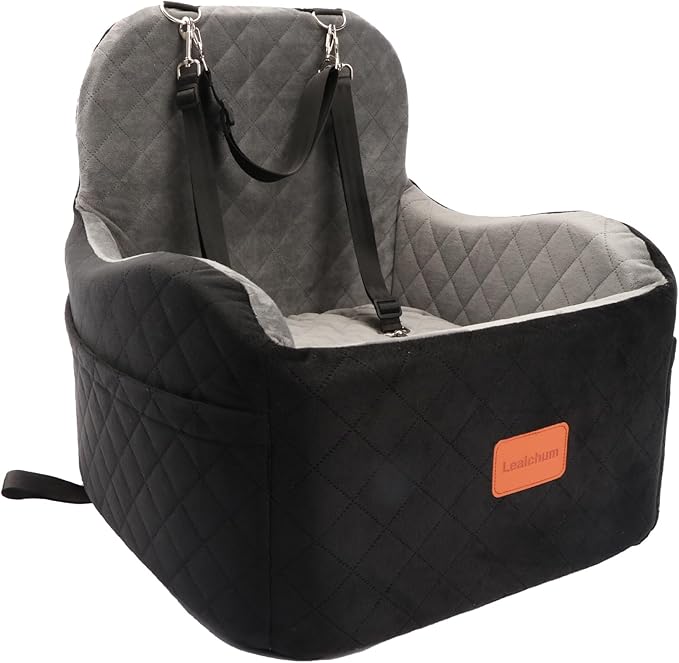 Dog Booster Car Seat for Small/Medium Dogs,6in Memory Foam Elevated Cushion,Fully Detachable and Washable,2 Clip-On Safety Leashes,Anti-Slip Base(Black/Grey,Medium)