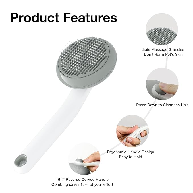 Cat Brush for Shedding, Pet Grooming Self Cleaning Slicker Brush for Cats & Dogs, Grey
