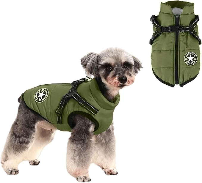 HDKUW Small Dog Jacket, Small Dog Coat Harness Winter Warm Vest Jacket Waterproof Cotton Costume for Puppy Small Dogs (M, Green)