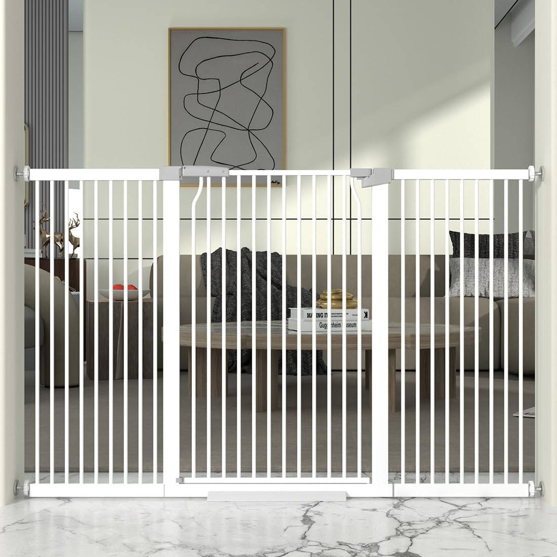 41" Extra Tall and Wide Baby Gate, 63-65.7'' Wide Pet Cat Gate for Doorway, Extra Wide Pressure Mounted Child Door with Expansion Kit, Metal Safe Gate, Tall Dog Gate, White