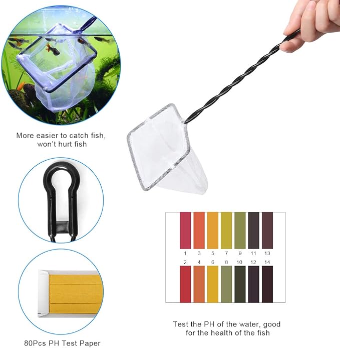 Extra Long Aquarium Aquascaping Tools Kit 8 in 1, Liveek Stainless Steel Aquarium Plant Tools Long Fish Tank Aquascape Tweezers Scissors Scrapers, PH Paper, Fish Net, Aquascape Clean Brush, Bag