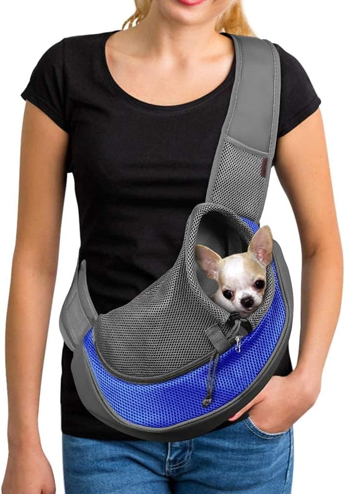 YUDODO Pet Sling Carrier for Small Dogs & Cats – Hands-Free Puppy Carrier with Safety Hook, Large Zipper Pocket, Soft Breathable Mesh, Adjustable Strap & Reflective Strip (Blue 1.0 S)