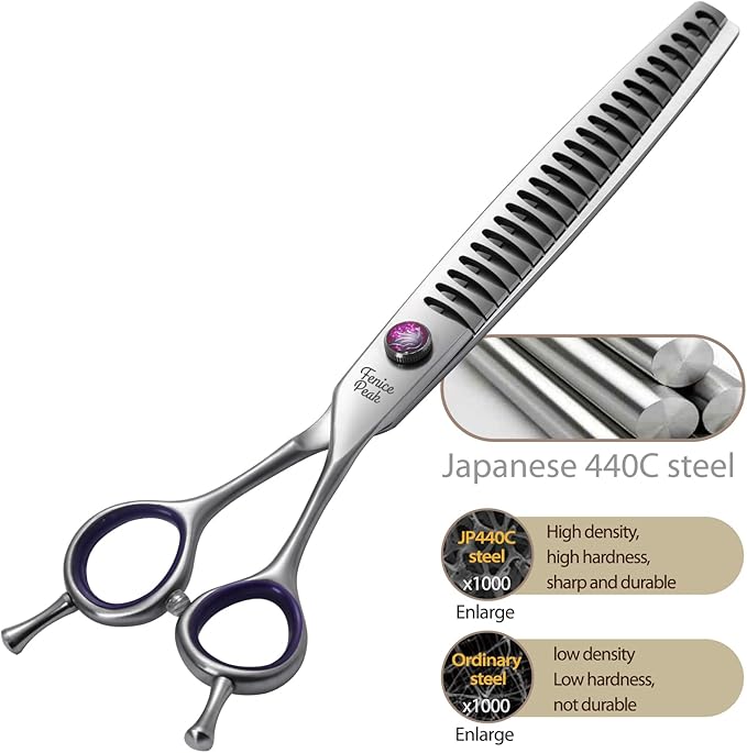 Fenice Peak 7'' Chunker Dog Grooming Scissors with Purple Finger Rings and Flashing Screw Professional 440C Stainless Steel Natural Color Pet Thinning Shears with Offset Handle Durable and Sharp