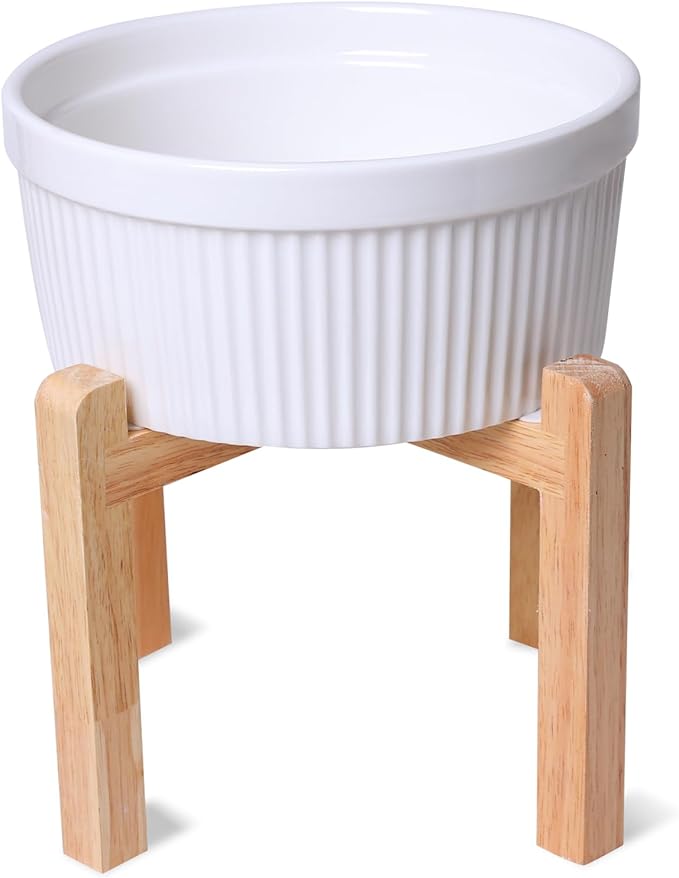 Large Dog Food Bowl, 65 oz Ceramic Bowls for Medium Breed, Pet Food Water Dish Heavy Wighted, Raised Dog Bowl with Wooden Stand, White