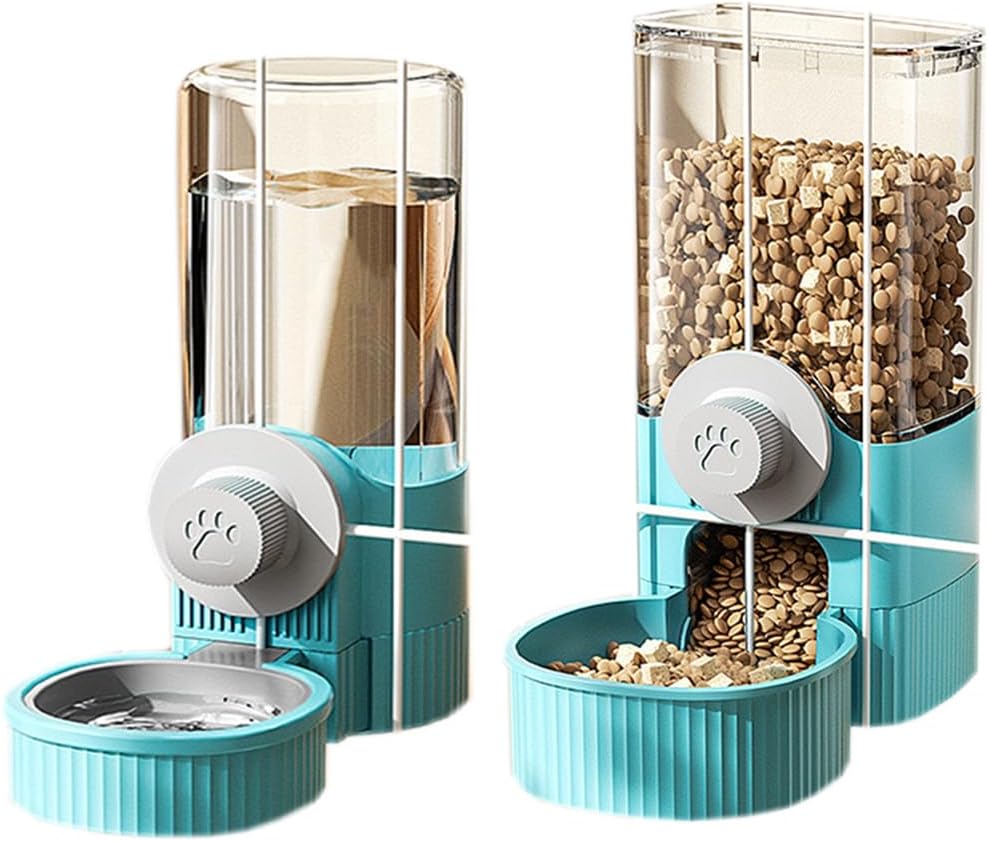 Hanging Automatic Bunny Food Water Dispenser, Gravity Rabbit Cage Feeder and Water Dispenser Ferret Cages Accessories, Cage Cat Food Bowl, for Chinchilla Guinea Pig Hedgehog (Blue)